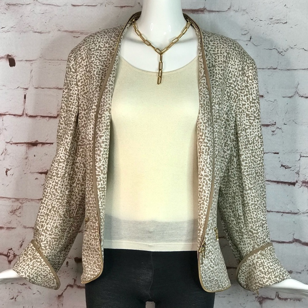 ESCADA M Tan & Cream print Gold Zipper detail Moto vibe Size EU 44 jacket blazer - Picture 6 of 15